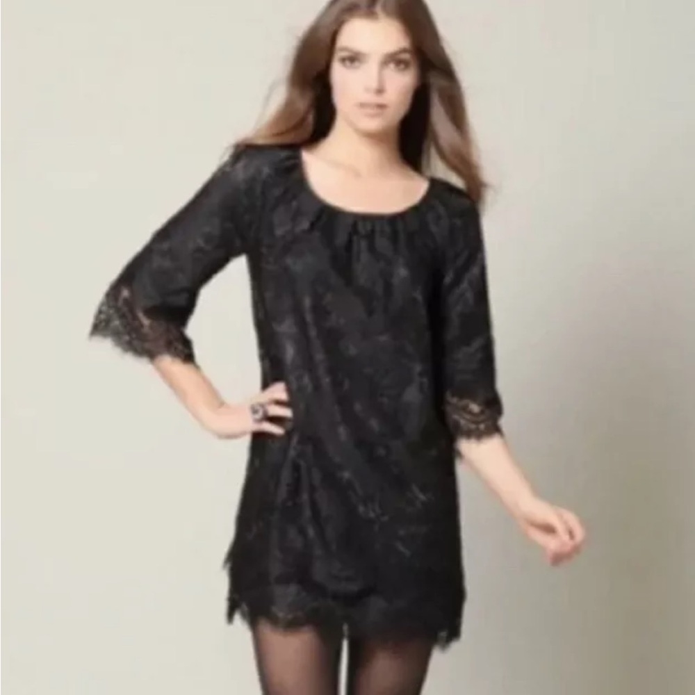 Anthropologie Leifsdottir Tiered Black Lace 3/4 Sleeve Shift Mini Dress Size 6